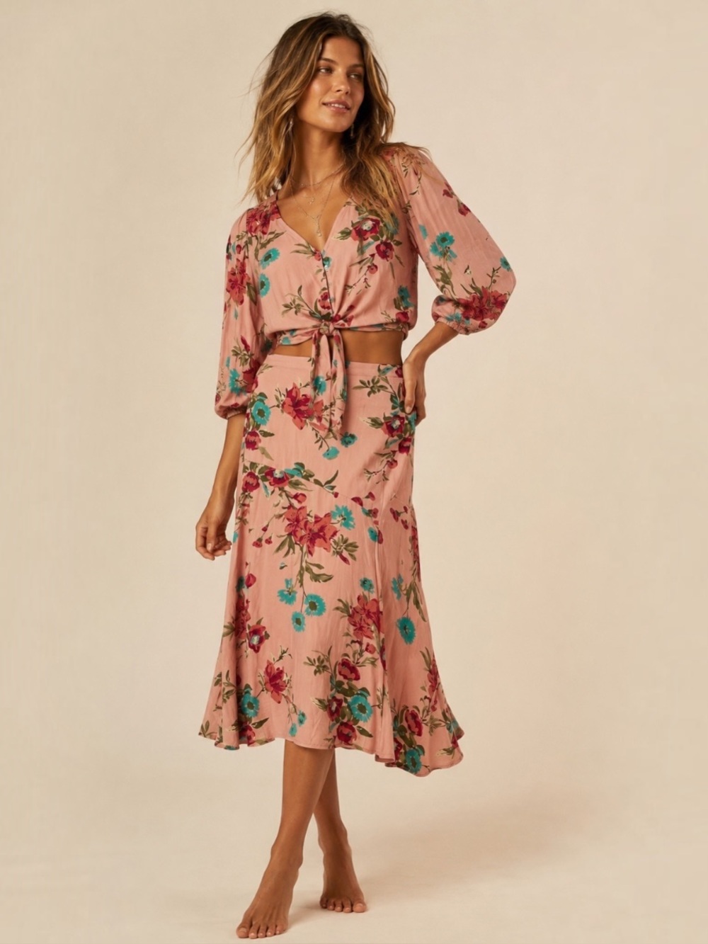 Joyfolie Mia Joy Floral 2 Piece Skirt Set Small Boho Tie Front Blouse Midi Skirt